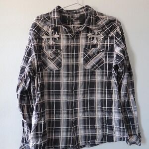 Exquisite Black & White Plaid Button-up Cross Embroidered Flannel Slim XL Grunge
